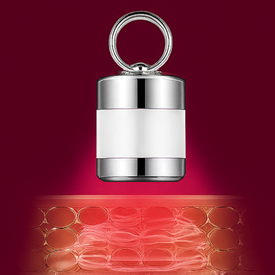 Massage device with ceramides and text about high-frequency micro-vibration massagehead on a red background